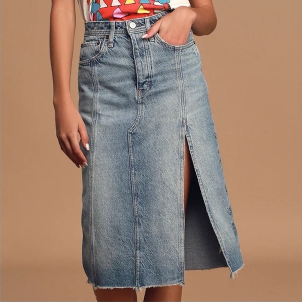 Free People We The Free Midi Denim Skirt Size 24 Distressed Button Fly